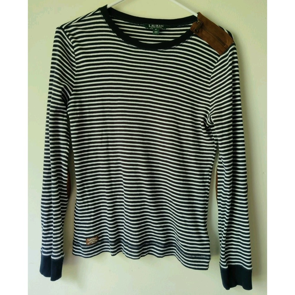 Lauren Ralph Lauren‎ Size Medium Striped Faux Suede Elbow Patch Black White LRL